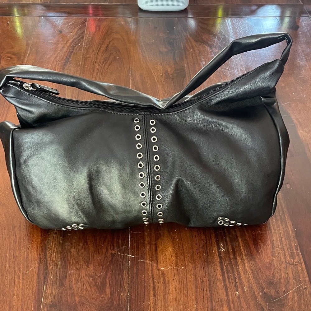 Excelled Collection Black Leather Hobo bag w/ Metal Grommets